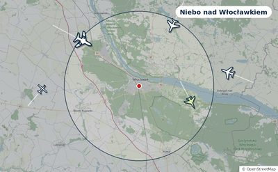 Mapa okolic miasta z sylwetkami samolotów — Niebo nad Włocławkiem na żywo
