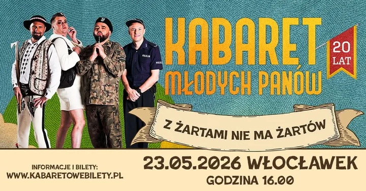 Obrazek przedstawia grafikę promocyjną wydarzenia Kabaret Młodych Panów w Browarze B. we Włocławku — jubileuszowy program
