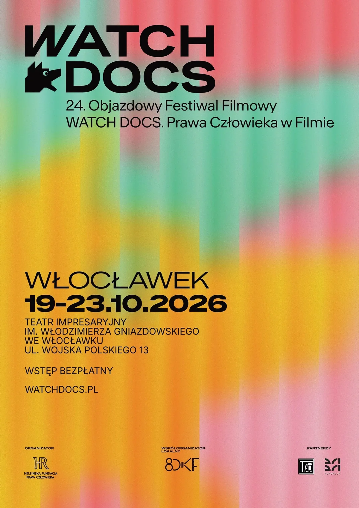 Grafika promocyjna wydarzenia 24. Objazdowy Festiwal Filmowy WATCH DOCS. Prawa Człowieka w Filmie