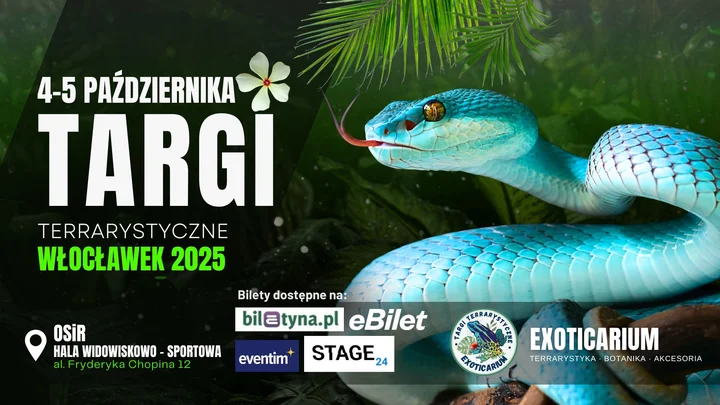 Obrazek przedstawia grafikę promocyjną wydarzenia Targi terrarystyczne Exoticarium we Włocławku