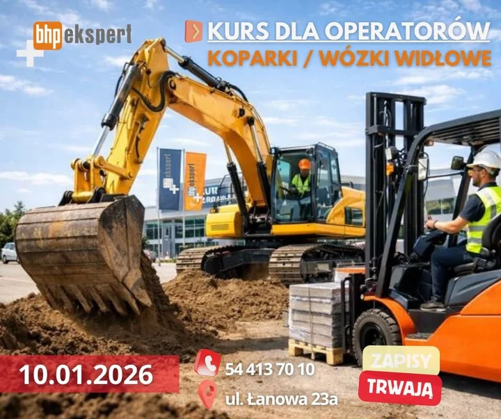 Grafika promocyjna wydarzenia KURS koparki, wózki widłowe — szkolenie operatorów we Włocławku