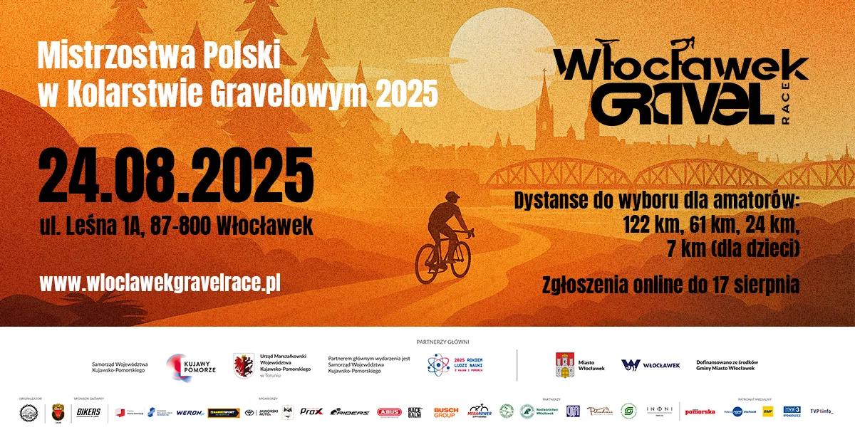 Grafika promocyjna wydarzenia Mistrzostwa Polski w kolarstwie gravelowym 2025 we Włocławku