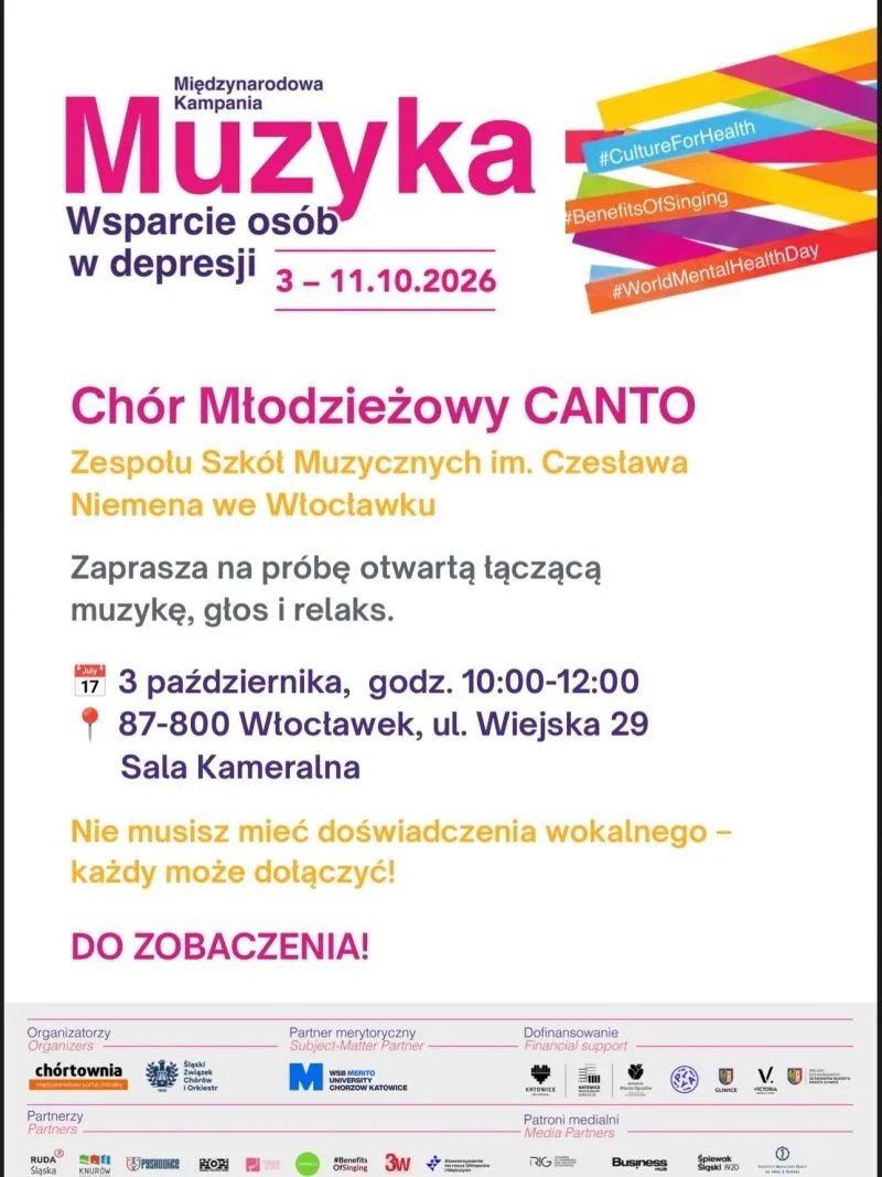 Grafika promocyjna wydarzenia Otwarta próba chóru CANTO o wsparciu osób w depresji we Włocławku