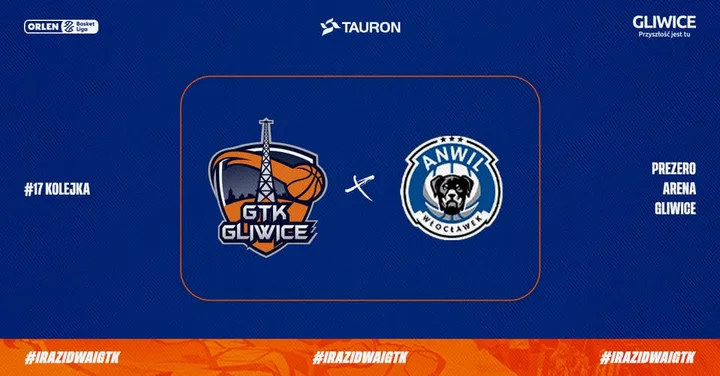 Grafika promocyjna wydarzenia TAURON GTK Gliwice vs Anwil Włocławek w PreZero Arenie