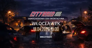 Grafika promocyjna wydarzenia CITYRAID Włocławek: samochodowa gra orientacyjna z nagrodami