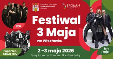 Grafika promocyjna wydarzenia Festiwal 3 Maja 2026 we Włocławku – koncerty, flagi i miejskie świętowanie
