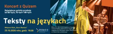 Grafika promocyjna wydarzenia Koncert z Quizem „Teksty na językach” – Paweł Wenderski z zespołem