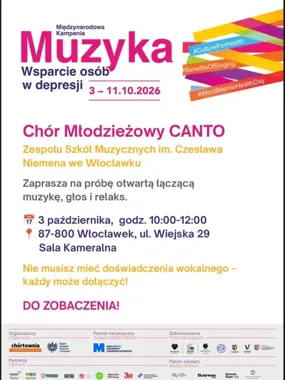 Grafika promocyjna wydarzenia Otwarta próba chóru CANTO o wsparciu osób w depresji we Włocławku
