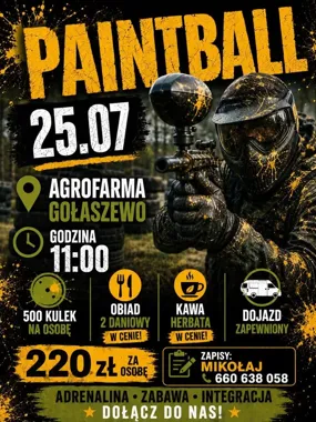 Grafika promocyjna wydarzenia Paintball na Agrofarmie Gołaszewo – aktywna zabawa na świeżym powietrzu