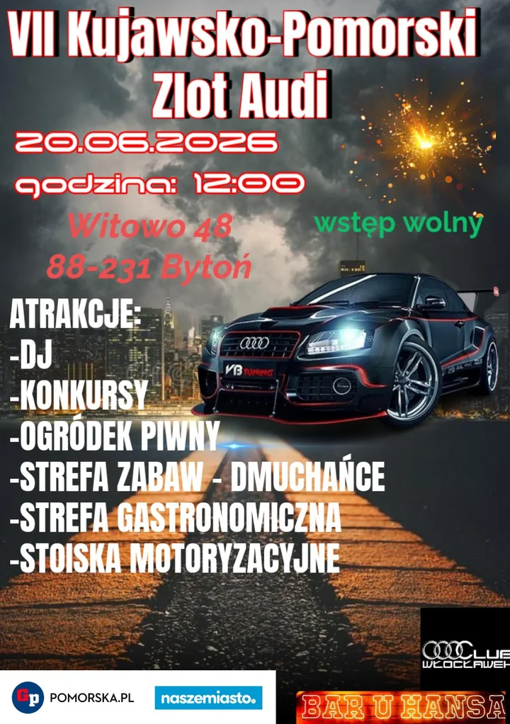Grafika promocyjna wydarzenia VII Kujawsko-Pomorski Zlot Audi i X Urodziny Audi Club Włocławek — zlot motoryzacyjny w Witowie