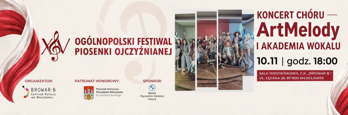 Grafika promocyjna wydarzenia XV Ogólnopolski Festiwal Piosenki Ojczyźnianej – ArtMelody i Akademia Wokalu