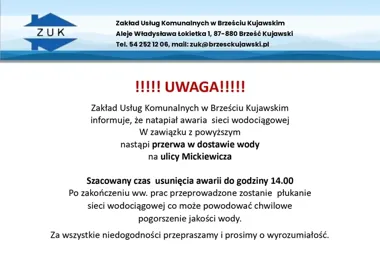 W Brześciu Kujawskim zapowiedziano przerwę w dostawie wody
